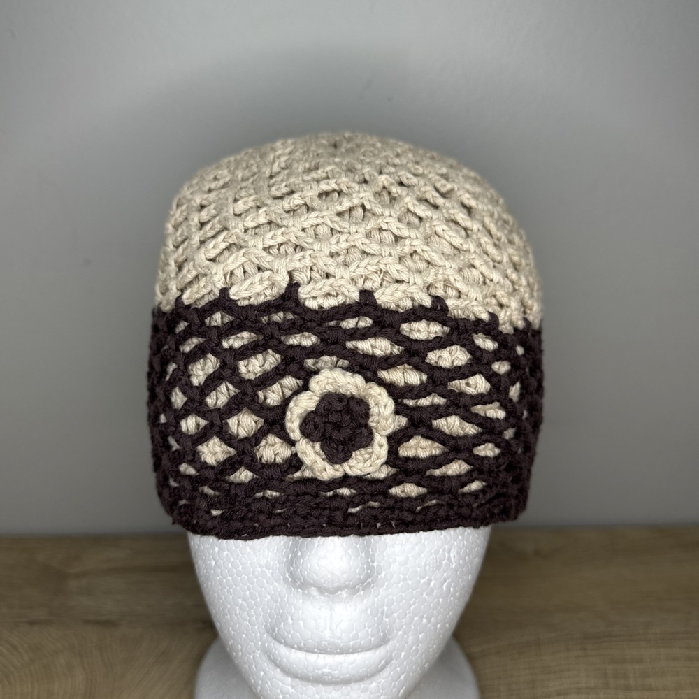Prana Beanie Hat Tan Brown Crochet‎ Knit Flower Winter Boho Neutral Cute Casual
